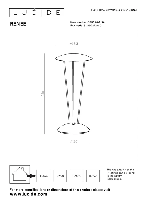 Lucide RENEE - Oplaadbare Tafellamp Binnen/Buiten - Accu/Batterij - Ø 12,3 cm - LED Dim to warm - 1x2,2W 2700K/3000K - IP54 - Met draadloos oplaadstation - Zwart - technisch